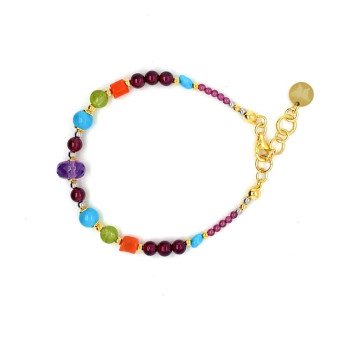 18K GOLD PLATED AMETHYST BRACELET WITH GARNET , TURQUOISE , CORAL AND PEIDOT 