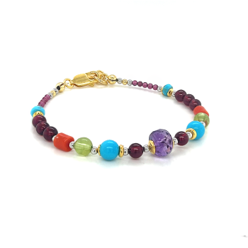 18K GOLD PLATED AMETHYST BRACELET WITH GARNET , TURQUOISE , CORAL AND PEIDOT 