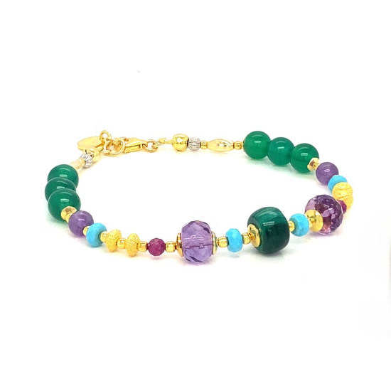 18K GOLD PLATED MALACHITE BRACELET WITH TURQUOISE, AMETHYST, RUBY, AND GREEN AGATE 18K GOLD PLATED MALACHITE BRACELET WITH TURQUOISE, AMETHYST, RUBY, AND GREEN AGATE