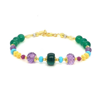 18K GOLD PLATED MALACHITE  BRACELET WITH TURQUOISE, AMETHYST, RUBY, AND GREEN AGATE