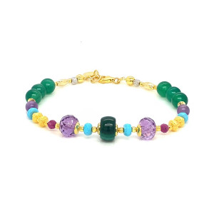 18K GOLD PLATED MALACHITE  BRACELET WITH TURQUOISE, AMETHYST, RUBY, AND GREEN AGATE