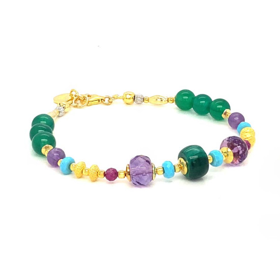 18K GOLD PLATED MALACHITE  BRACELET WITH TURQUOISE, AMETHYST, RUBY, AND GREEN AGATE
