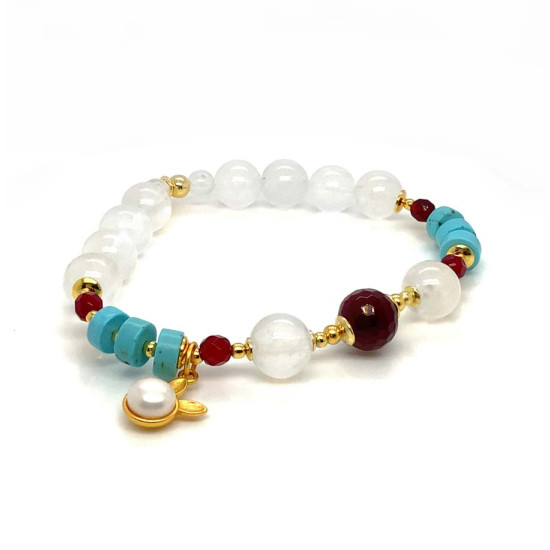 FACETED RUBY AGATE BRACELET WITH MOONSTONE, TURQUOISE, AND RABBIT CHARM