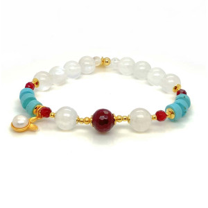 FACETED RUBY AGATE BRACELET WITH MOONSTONE, TURQUOISE, AND RABBIT CHARM
