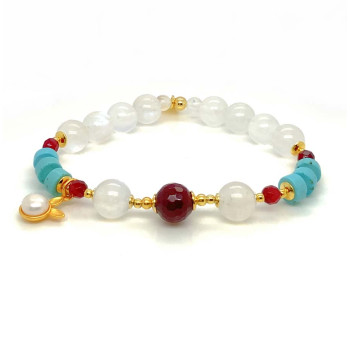 FACETED RUBY AGATE BRACELET WITH MOONSTONE, TURQUOISE, AND RABBIT CHARM
