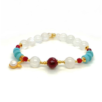 FACETED RUBY AGATE BRACELET WITH MOONSTONE, TURQUOISE, AND RABBIT CHARM