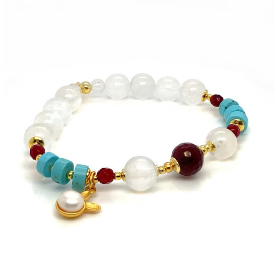 FACETED RUBY AGATE BRACELET WITH MOONSTONE, TURQUOISE, AND RABBIT CHARM