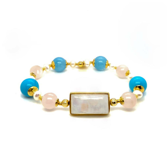 MOONSTONE BRACELET WITH WHITE QUARTZ, PEARL, TURQUOISE, AND AQUAMARINE