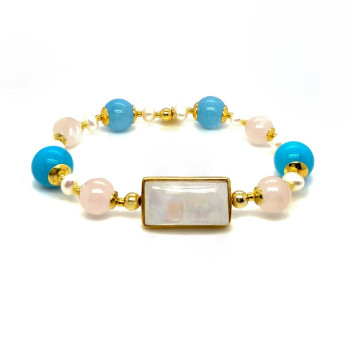 MOONSTONE BRACELET WITH WHITE QUARTZ, PEARL, TURQUOISE, AND AQUAMARINE