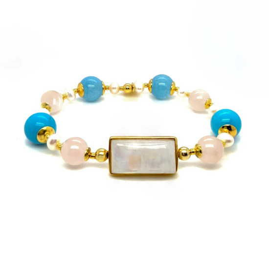 MOONSTONE BRACELET WITH WHITE QUARTZ, PEARL, TURQUOISE, AND AQUAMARINE