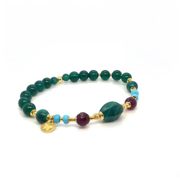 MALACHITE CYLINDRICAL BRACELET WITH RUBY AGATE, TURQUOISE, MALACHITE, AND GREEN AGATE