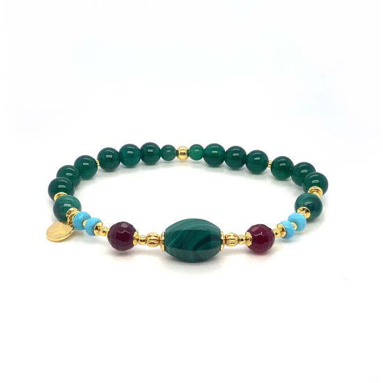 MALACHITE CYLINDRICAL BRACELET WITH RUBY AGATE, TURQUOISE, MALACHITE, AND GREEN AGATE