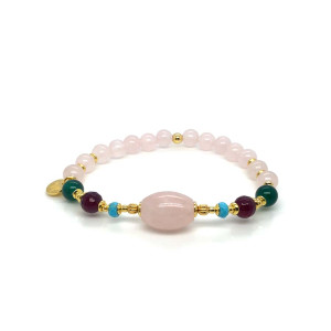 PINK QUARTZ OVAL BRACELET WITH RUBY AGATE, GREEN AGATE, AND PINK QUARTZ