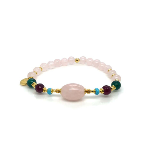 PINK QUARTZ OVAL BRACELET WITH RUBY AGATE, GREEN AGATE, AND PINK QUARTZ