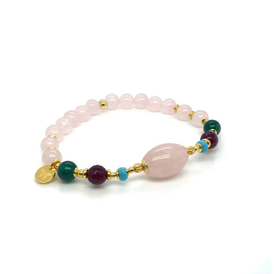 PINK QUARTZ OVAL BRACELET WITH RUBY AGATE, GREEN AGATE, AND PINK QUARTZ