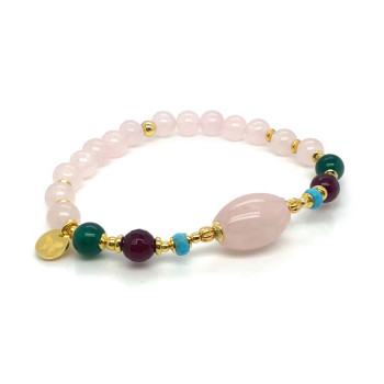 PINK QUARTZ OVAL BRACELET WITH RUBY AGATE, GREEN AGATE, AND PINK QUARTZ
