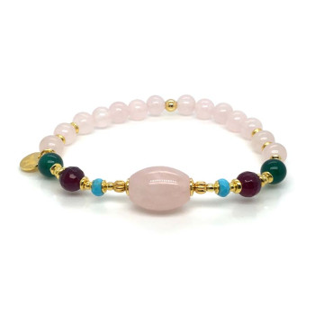 PINK QUARTZ OVAL BRACELET WITH RUBY AGATE, GREEN AGATE, AND PINK QUARTZ