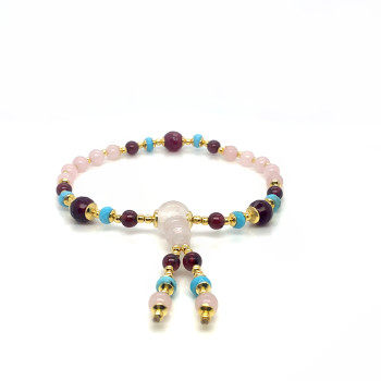 PINK QUARTZ IMAM BRACELET WITH GARNET, TURQUOISE HOWLITE, RUBY AGATE, AND PINK QUARTZ