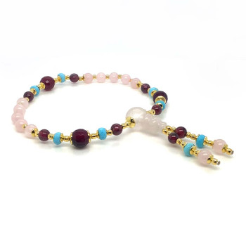 PINK QUARTZ IMAM BRACELET WITH GARNET, TURQUOISE HOWLITE, RUBY AGATE, AND PINK QUARTZ