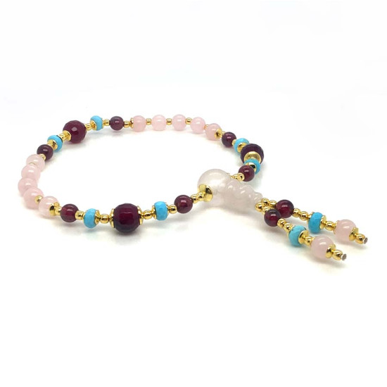 PINK QUARTZ IMAM BRACELET WITH GARNET, TURQUOISE HOWLITE, RUBY AGATE, AND PINK QUARTZ
