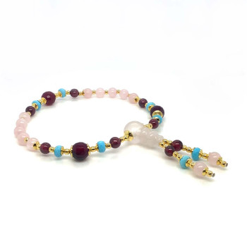 PINK QUARTZ IMAM BRACELET WITH GARNET, TURQUOISE HOWLITE, RUBY AGATE, AND PINK QUARTZ