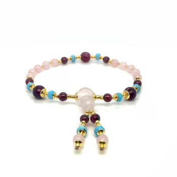 PINK QUARTZ IMAM BRACELET WITH GARNET, TURQUOISE HOWLITE, RUBY AGATE, AND PINK QUARTZ