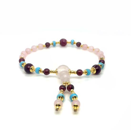 PINK QUARTZ IMAM BRACELET WITH GARNET, TURQUOISE HOWLITE, RUBY AGATE, AND PINK QUARTZ