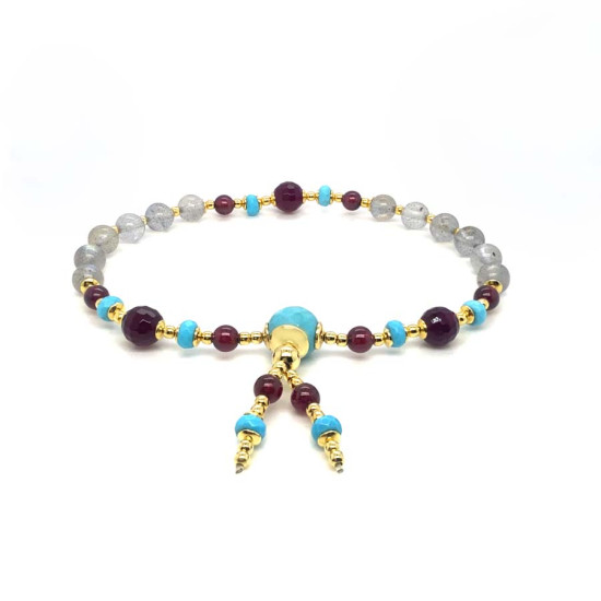 HOWLITE IMAM BRACELET WITH GARNET, RUBY AGATE, AND LABRADORITE