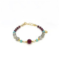 RUBY AGATE BRACELET WITH PEARL, AMAZONITE, LABRADORITE, TURQUOISE HOWLITE, AND GARNET