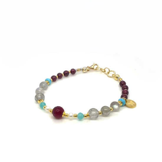 RUBY AGATE BRACELET WITH PEARL, AMAZONITE, LABRADORITE, TURQUOISE HOWLITE, AND GARNET