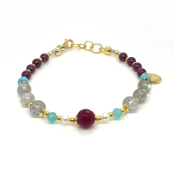 RUBY AGATE BRACELET WITH PEARL, AMAZONITE, LABRADORITE, TURQUOISE HOWLITE, AND GARNET