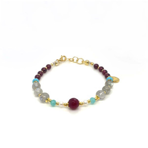RUBY AGATE BRACELET WITH PEARL, AMAZONITE, LABRADORITE, TURQUOISE HOWLITE, AND GARNET