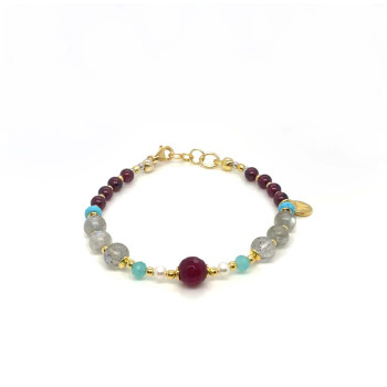 RUBY AGATE BRACELET WITH PEARL, AMAZONITE, LABRADORITE, TURQUOISE HOWLITE, AND GARNET