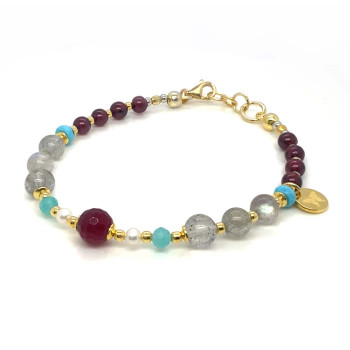 RUBY AGATE BRACELET WITH PEARL, AMAZONITE, LABRADORITE, TURQUOISE HOWLITE, AND GARNET
