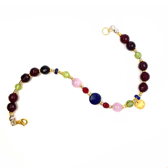 FACETED ROUND LAPIS BRACELET WITH RUBY AGATE, KUNZITE, AND GREEN PERIDOT