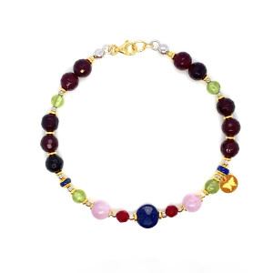 FACETED ROUND LAPIS BRACELET WITH RUBY AGATE, KUNZITE, AND GREEN PERIDOT