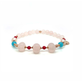 PINK QUARTZ BRACELET WITH RUBY, BLUE JADE & PEARL PINK QUARTZ BRACELET WITH RUBY, BLUE JADE & PEARL