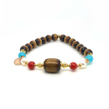 BRACELET WITH YESR STONE (GOLDEN CORAL), RED CORAL, PEARL AND AMAZONITE STONES