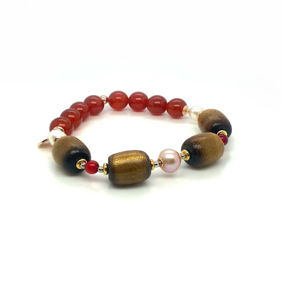 BRACELET WITH YESR STONE (GOLDEN CORAL), PEARL, RUBY AGATE AND RED AGATE STONES