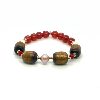 BRACELET WITH YESR STONE (GOLDEN CORAL), PEARL, RUBY AGATE AND RED AGATE STONES
