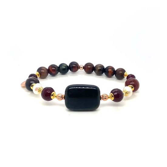 BLUE TIGER EYE BRACELET WITH RUBY AGATE, PEARL, CRYSTAL & MULTICOLOR TIGER EYE BLUE TIGER EYE BRACELET WITH RUBY AGATE, PEARL, CRYSTAL & MULTICOLOR TIGER EYE