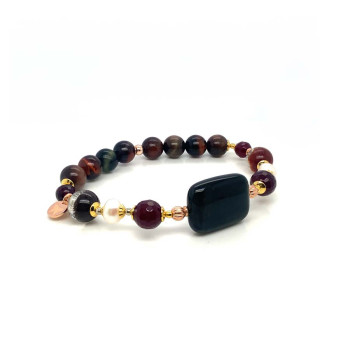 BLUE TIGER EYE BRACELET WITH RUBY AGATE, PEARL, CRYSTAL & MULTICOLOR TIGER EYE