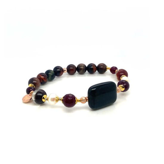 BLUE TIGER EYE BRACELET WITH RUBY AGATE, PEARL, CRYSTAL & MULTICOLOR TIGER EYE BLUE TIGER EYE BRACELET WITH RUBY AGATE, PEARL, CRYSTAL & MULTICOLOR TIGER EYE