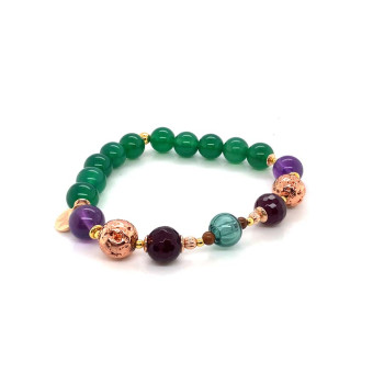 AROMATHERAPY BRACELET WITH FACETED RUBY AGATE, ROSE GOLD-PLATED LAVA STONE, AMETHYST & GREEN AGATE