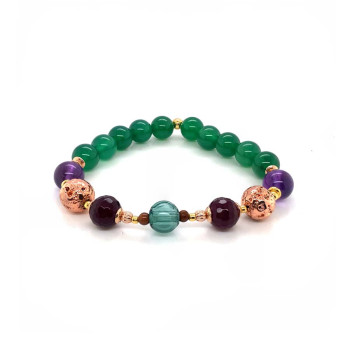 AROMATHERAPY BRACELET WITH FACETED RUBY AGATE, ROSE GOLD-PLATED LAVA STONE, AMETHYST & GREEN AGATE