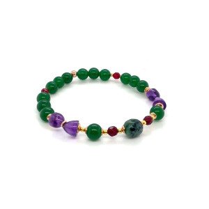 RANDOM RUBY ZOISITE BRACELET WITH FACETED RUBY AGATE, GREEN JADE & AMETHYST