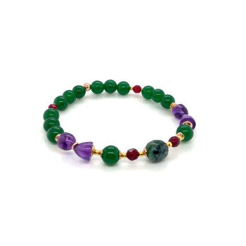 RANDOM RUBY ZOISITE BRACELET WITH FACETED RUBY AGATE, GREEN JADE & AMETHYST