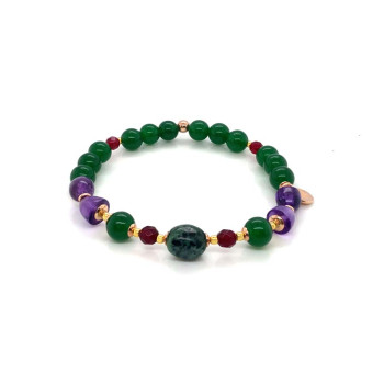 RANDOM RUBY ZOISITE BRACELET WITH FACETED RUBY AGATE, GREEN JADE & AMETHYST