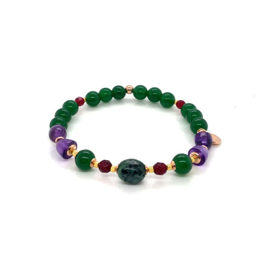 RANDOM RUBY ZOISITE BRACELET WITH FACETED RUBY AGATE, GREEN JADE & AMETHYST RANDOM RUBY ZOISITE BRACELET WITH FACETED RUBY AGATE, GREEN JADE & AMETHYST