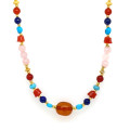 18K GOLD PLATED AMBER NECKLACE WITH TURQUOISE, CORAL, LAPIS LAZULI, RED AGATE AND PINK QUARTZ 18K GOLD PLATED AMBER NECKLACE WITH TURQUOISE, CORAL, LAPIS LAZULI, RED AGATE AND PINK QUARTZ
